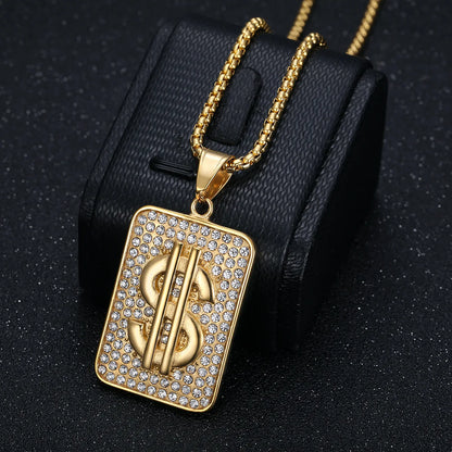 Gold-colored rectangular pendant male stainless steel necklace featuring an iced out dollar sign money design for party waterproof jewelry