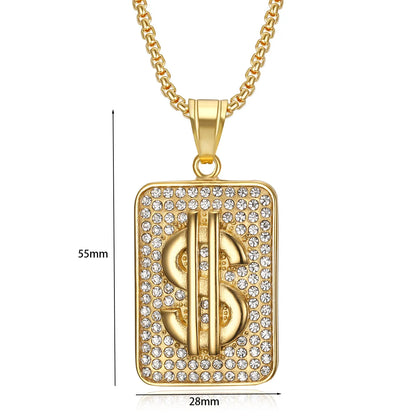 Gold rectangular pendant male stainless steel necklace with iced out dollar sign money design for party waterproof jewelry