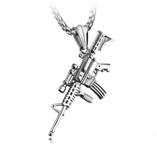 Silver alloy pendant gun necklace with detailed rifle design for rapper men streetwear hip hop iced out style