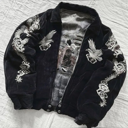 Black velvet hip hop japan harajuku jacket gothic dragon with intricate embroidery y2k zipper fleece lining