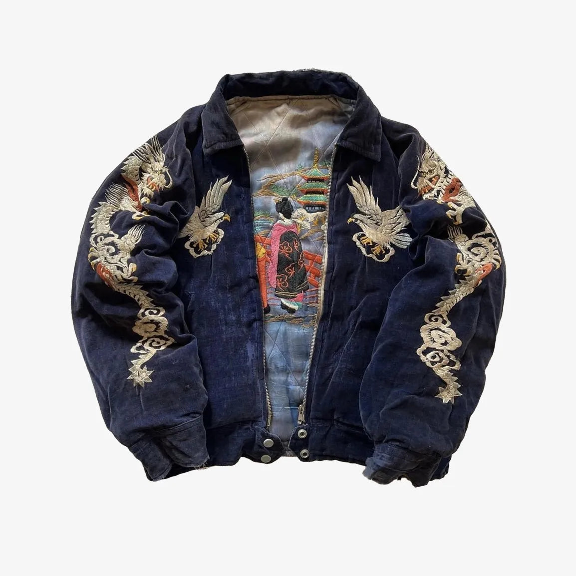 Dark blue velvet hip hop Japan Harajuku style jacket with embroidery y2k zipper fleece and gothic dragon patterns