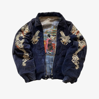 Dark blue velvet hip hop Japan Harajuku style jacket with embroidery y2k zipper fleece and gothic dragon patterns