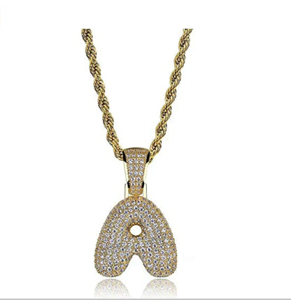Gold-colored initial letter a pendant necklace with clear cubic zirconia on twisted bubble chain necklace hip hop jewelry