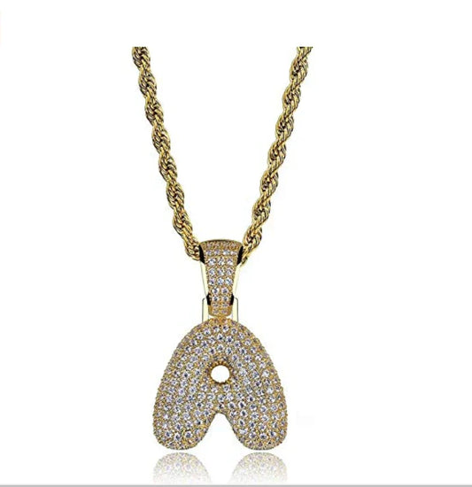 Gold-colored initial letter a pendant necklace with clear cubic zirconia on twisted bubble chain necklace hip hop jewelry