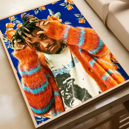 Vibrant orange and blue striped fuzzy sweater worn by person in hip-hop juice WRLD poster on self-adhesive art paper