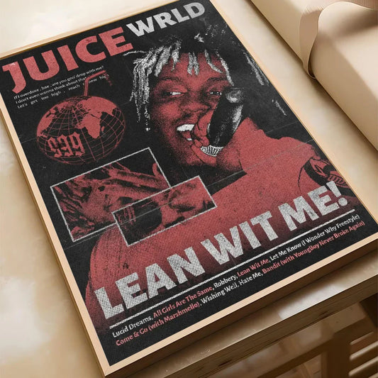 Black and red juice wrld poster with lean wit me text on wooden frame waterproof paper sticker for coffee house bar decor