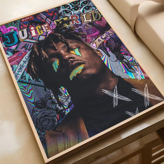 Vibrant colorful hip-hop juice wrld poster with iridescent accents on waterproof self-adhesive paper for wall decor