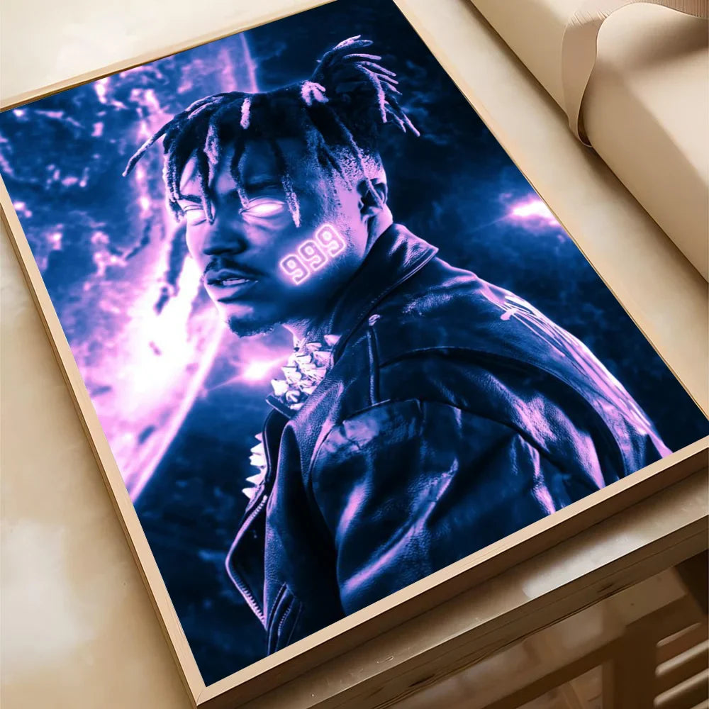 A framed hip-hop juice WRLD poster featuring xxxtentacion portrait in dark blue and purple tones on waterproof paper