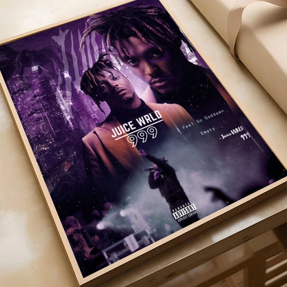 Purple and black framed hip-hop juice wrld poster featuring 999 album cover self-adhesive waterproof sticker