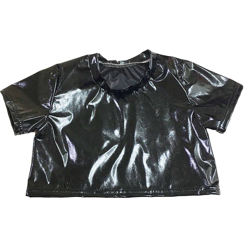Black shiny faux leather crop top with short sleeves and round neckline for sparkly jazz dance and street dance stage use