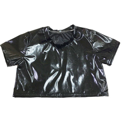 Black shiny faux leather crop top with short sleeves and round neckline for sparkly jazz dance and street dance stage use