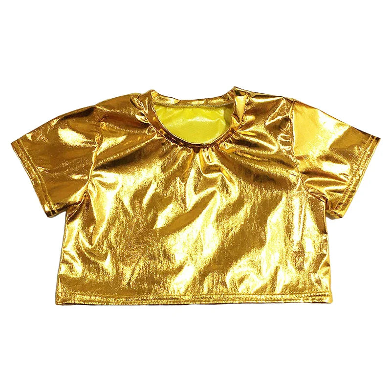 Shiny gold metallic short-sleeved crop top with round neckline and elasticized hem for sparkly jazz dance or street dance stage use