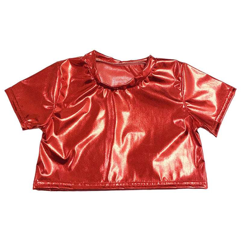 Shiny red metallic short-sleeved crop top for boys metallic crop and sparkly jazz dance street dance stage use