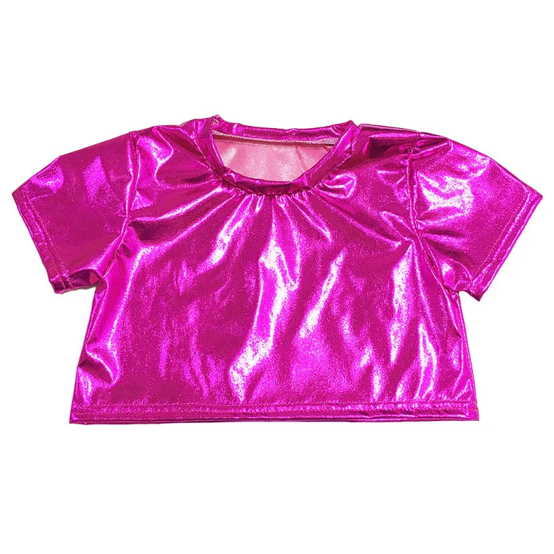 A shiny vibrant pink metallic crop top with short sleeves and round neckline for boys metallic crop street dance stage use