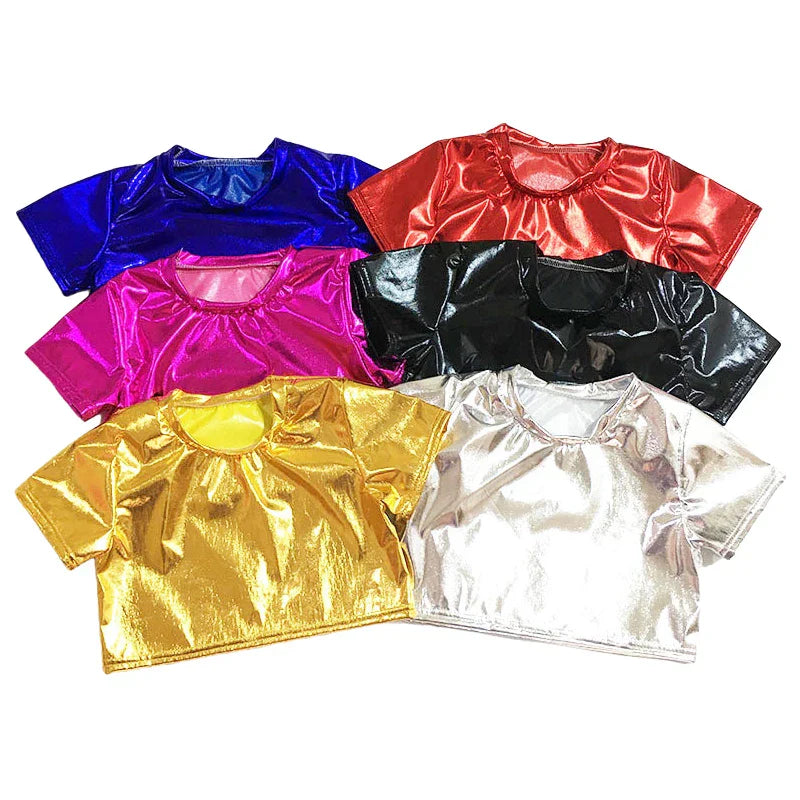 Shiny metallic crop tops in blue red pink black gold and silver for boys metallic crop sparkly jazz dance street dance stage use