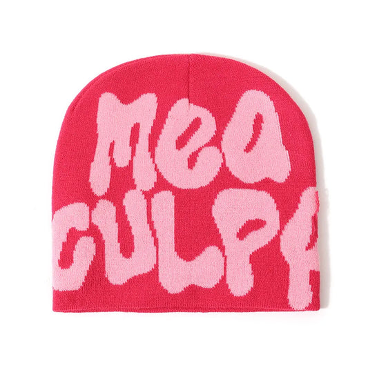A vibrant pink knitted hat kpop with bold light pink mea culpa lettering for women winter outdoor and riding sports use