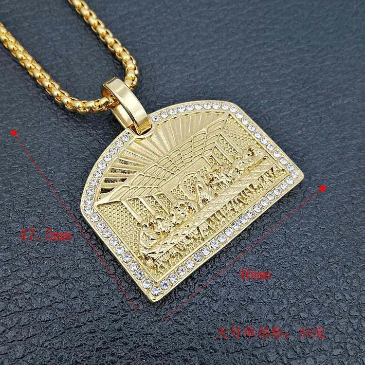 Gold-colored biker punk rock dinner pendant necklace with detailed last supper engraving and clear zircon on 316l stainless steel