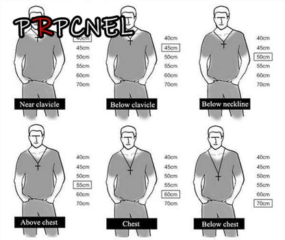 Black and white diagram showing biker punk rock dinner pendant necklace placement on male torso in 316l stainless steel