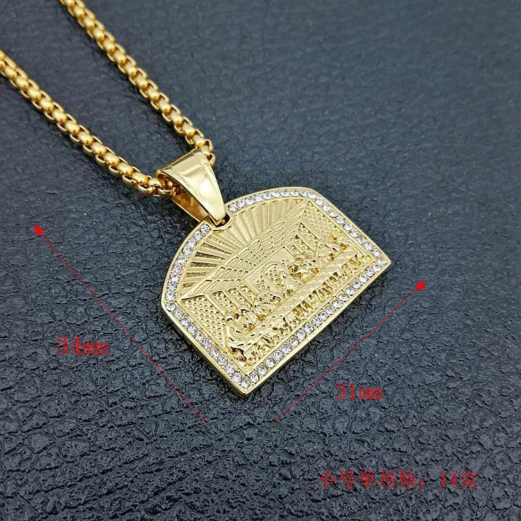 Gold-colored dinner pendant necklace with rectangular shield charm and zircon stones made of 316l stainless steel for biker punk rock style