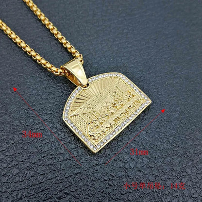 Gold-colored dinner pendant necklace with rectangular shield charm and zircon stones made of 316l stainless steel for biker punk rock style