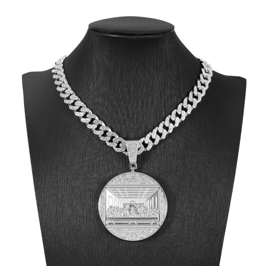 Silver-toned supper round pendant necklace with 13mm cuban chain diamond encrusted chain rap jewelry gift