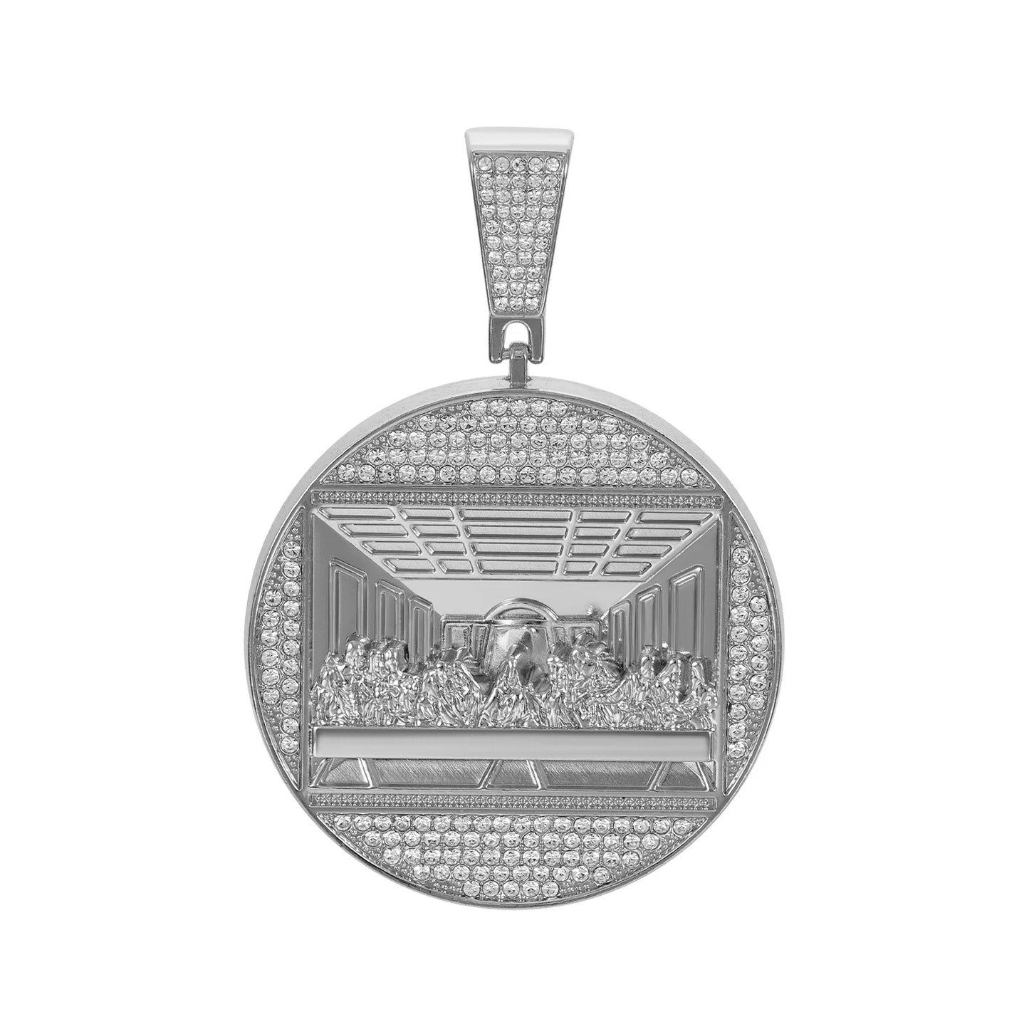 Silver supper round pendant featuring detailed last supper design with clear cubic zirconia on 13mm cuban chain chain rap jewelry