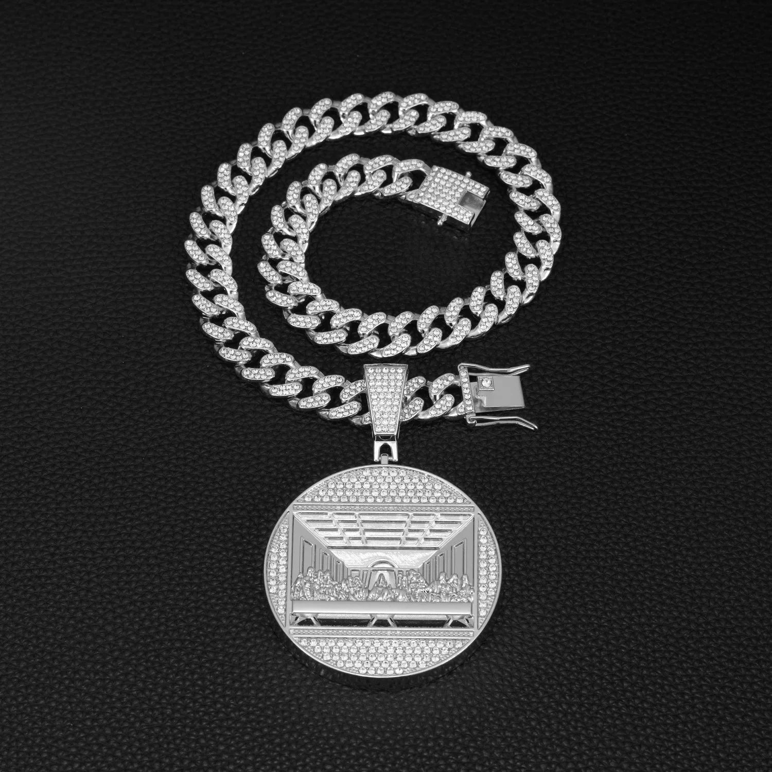 Silver supper round pendant necklace with 13mm cuban chain adorned with clear cubic zirconia for chain rap jewelry