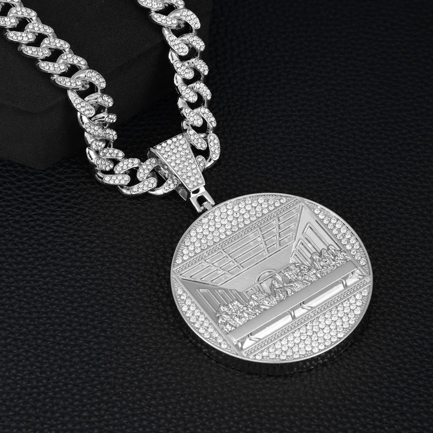 Silver ice chain rap jewelry with 13mm cuban chain and diamond-encrusted supper round pendant engraving the last supper