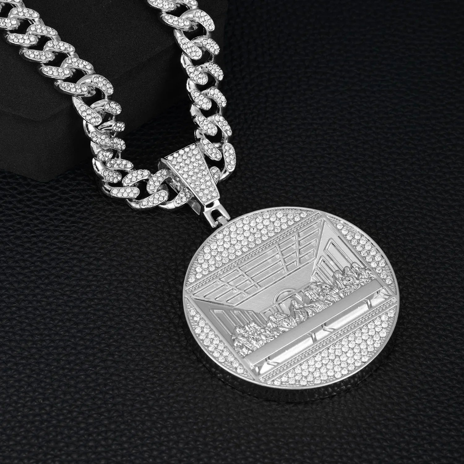 Silver ice chain rap jewelry with 13mm cuban chain and diamond-encrusted supper round pendant engraving the last supper