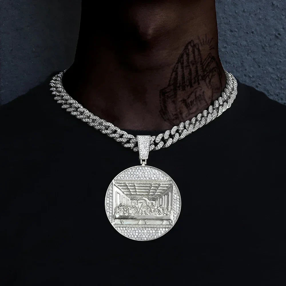Silver diamond-encrusted supper round pendant necklace with last supper design on 13mm cuban chain rap jewelry