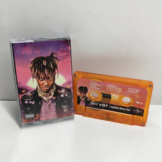 Orange translucent hip hop legends cassette tape featuring tape juice wrld album art in recorder soundtracks box collection