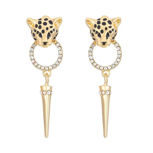Gold hip hop leopard head earrings for women punk statement with black spots crystal circle cone pendant drops