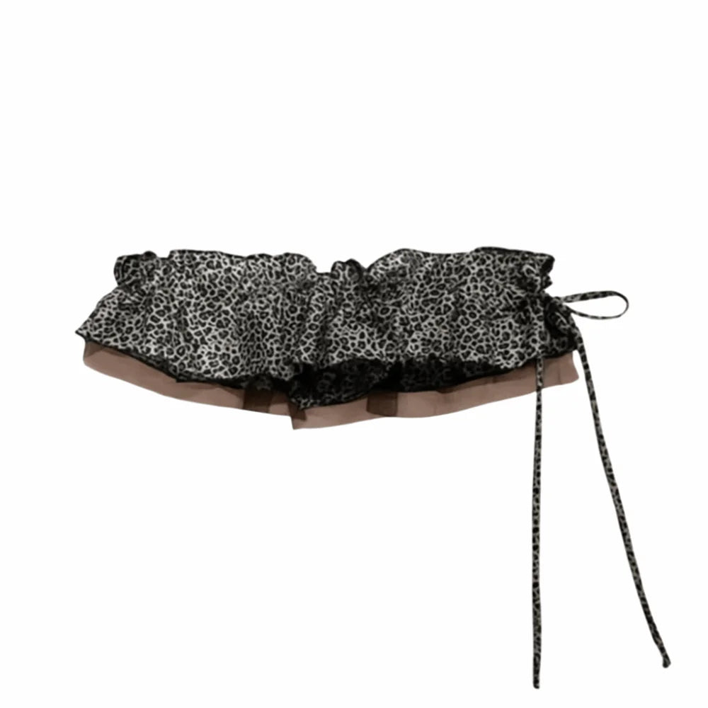 Black and white leopard print hip scarf skirt with sweet mesh ruffled edge waistband y2k belt detail