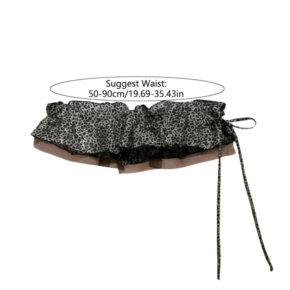 Black and gray leopard print hip scarf with sweet mesh ruffled edge waistband y2k style for layering outfits