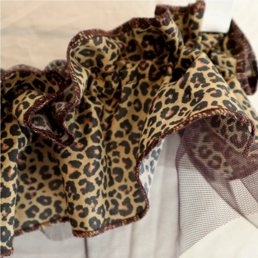 A leopard print hip scarf with sweet mesh ruffled edge and dark brown edge waistband y2k style