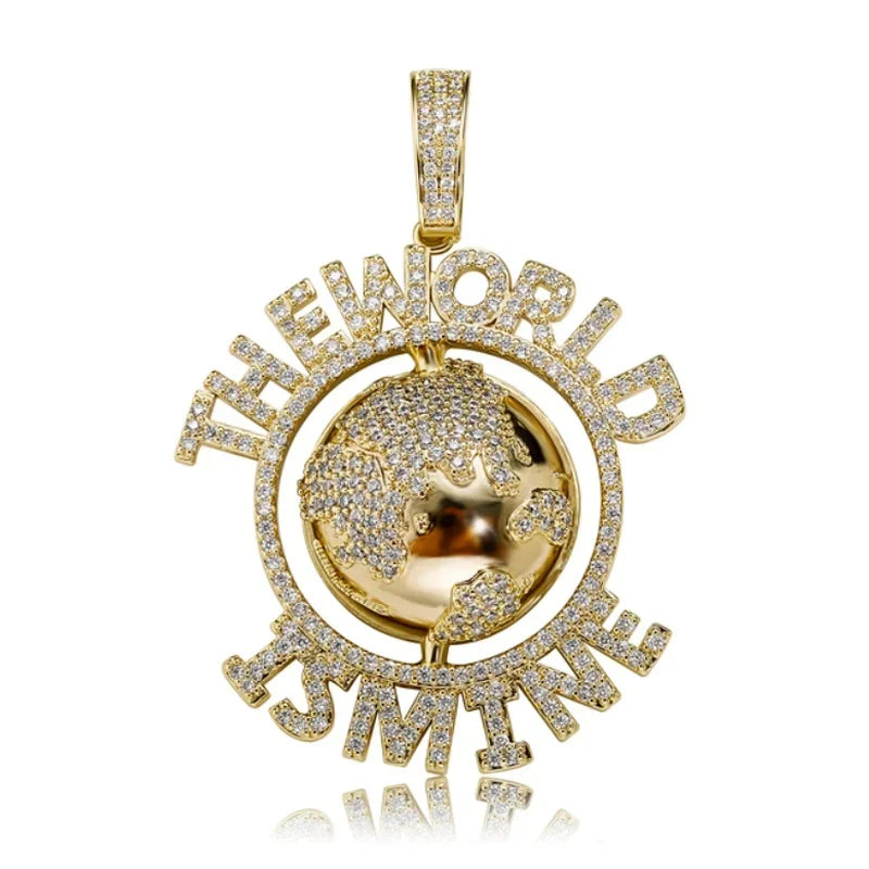 Gold world globe pendant with raised hop letter world is mine lettering and clear stones on tennis chain fashion men’s necklace