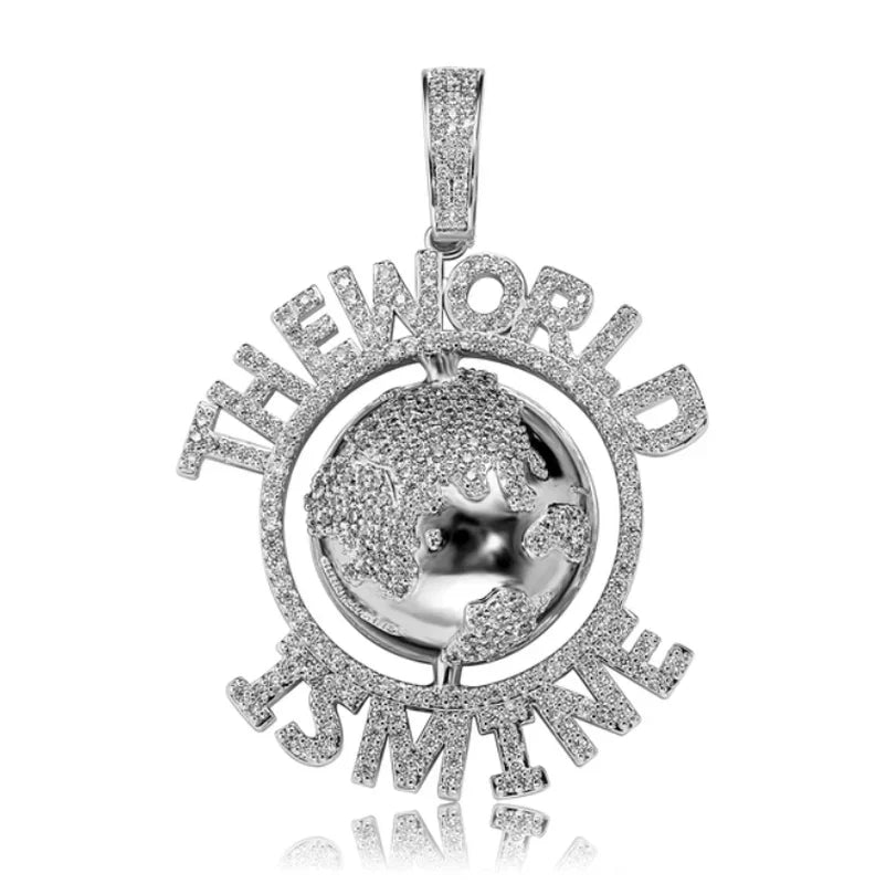 Silver diamond-encrusted world globe pendant with icy hop letter world design on tennis chain fashion for men