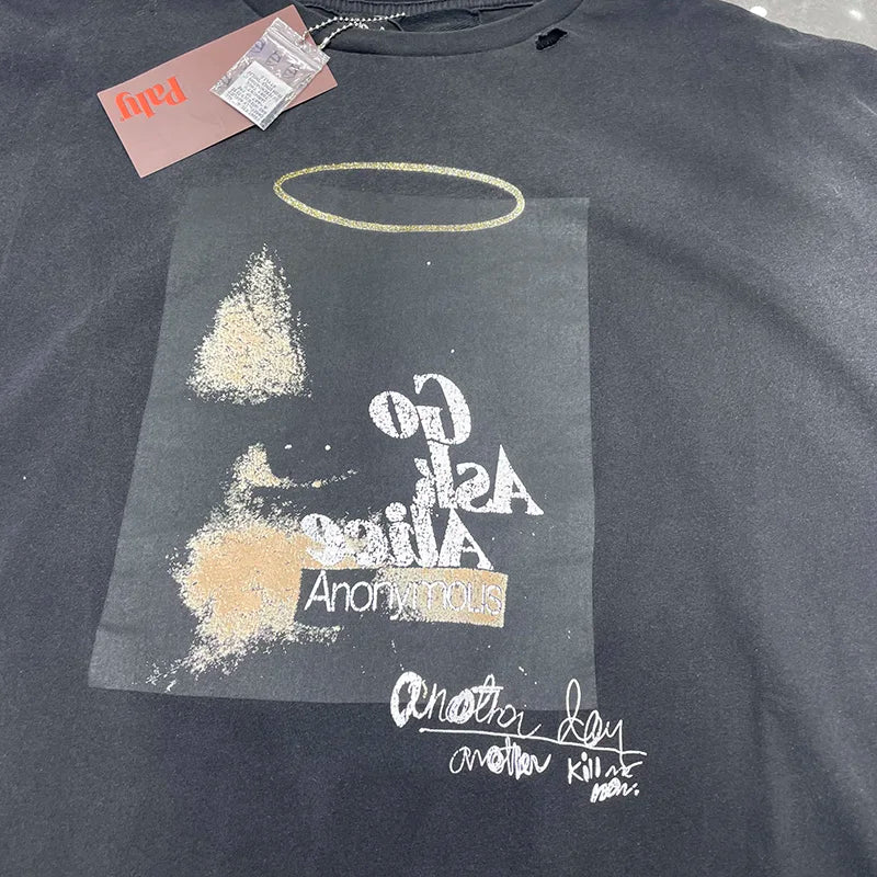 Black cotton hip hop letters graphic tee with damaged hole paly and box graphics rhinestone featuring distressed angel design
