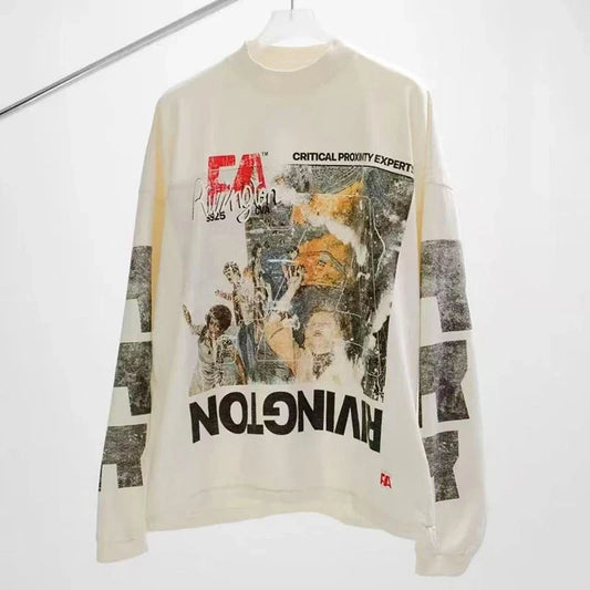 Off-white long sleeve cotton sweatshirt with bold black red and faded orange hip hop letters logo graphic print