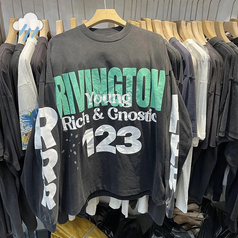 Black hip hop letters logo graphic long sleeve t shirt with faded green white print cotton oversized vintage style