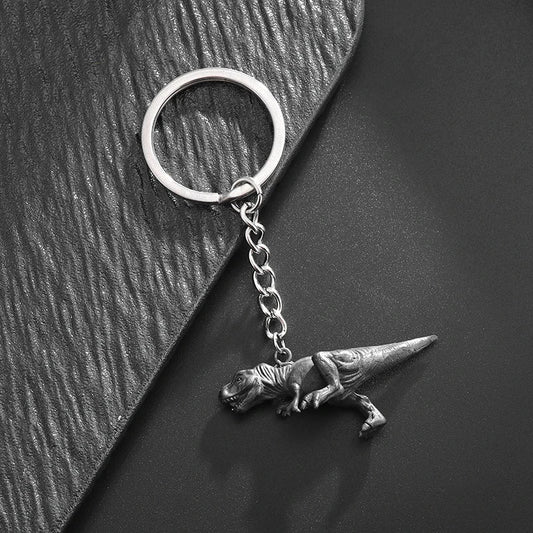 Silver-colored metal hip-hop keychain with detailed t-rex dinosaur pendant for men and women fashion gift