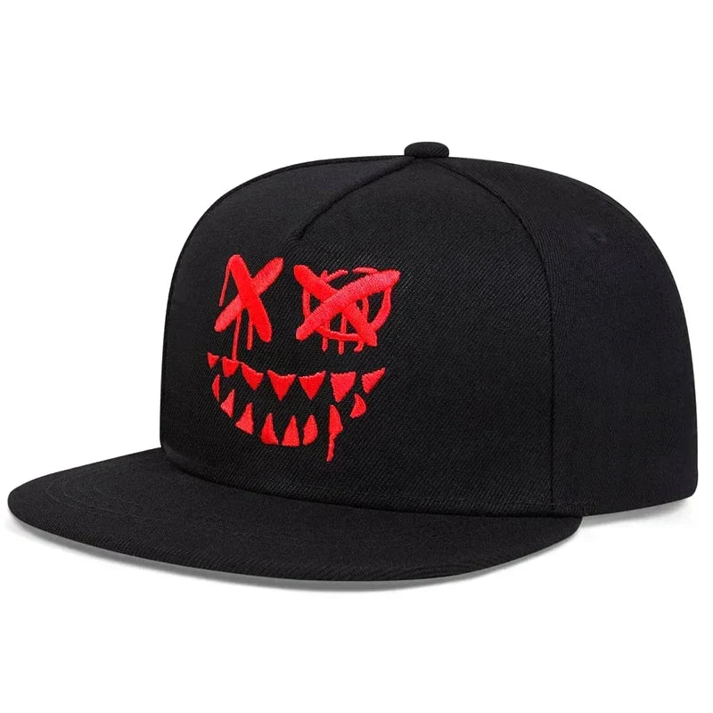 Black hip hop men cap with bold red embroidered face featuring x-shaped eyes, adjustable cotton snapback design