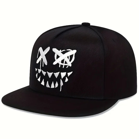Black hip hop men cap with personalized embroidered adjustable cotton snapback featuring white graffiti smiley face