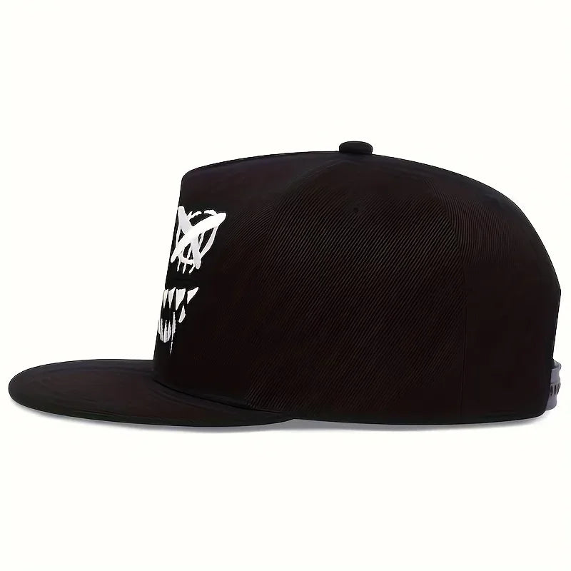Black hip hop men cap with personalized embroidered white skull graphic adjustable cotton snapback hat for outdoor use
