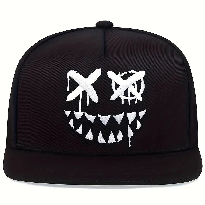 Black hip hop men cap featuring personalized embroidered white face with x-shaped eyes adjustable cotton snapback hat