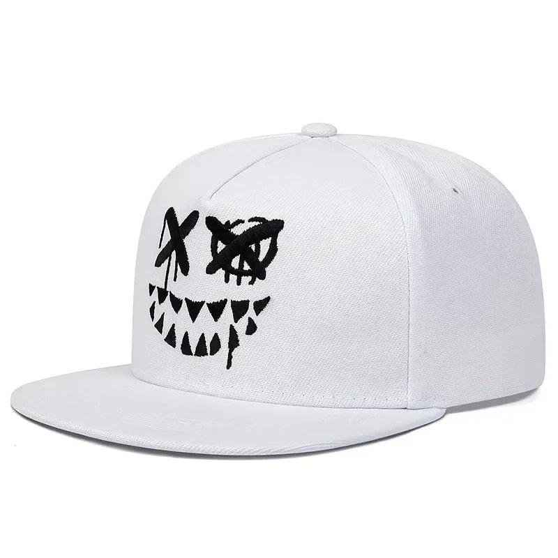 White adjustable cotton snapback hip hop men cap with personalized embroidered black face design for outdoor use