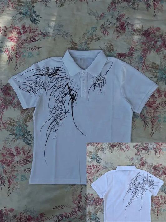 White short-sleeved polo shirt with intricate black abstract line art front and back for mens harajuku y2k street classic business style
