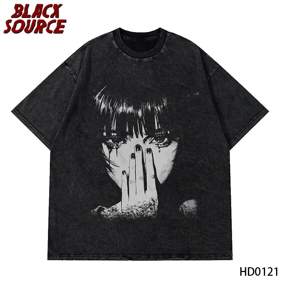 Black distressed cotton t-shirt featuring white anime girl graphic for harajuku hip hop shirt streetwear graphic summer black short