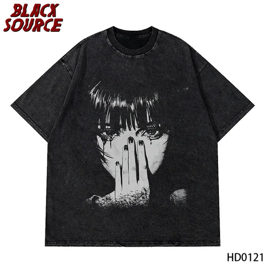 Black distressed cotton t-shirt featuring white anime girl graphic for harajuku hip hop shirt streetwear graphic summer black short