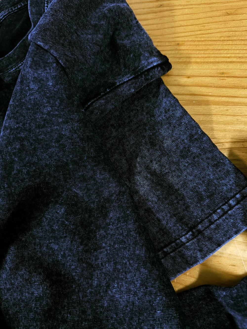 Dark blue denim short-sleeved shirt with faded texture and stitched cuffs perfect for harajuku hip hop shirt streetwear graphic styles